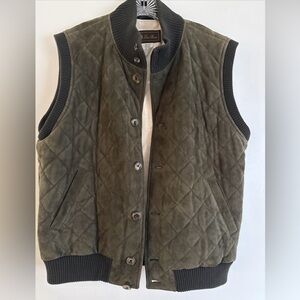 Designer Loro Piana Italian Vest Olive Quilted Italy Cashmere Blend Lining